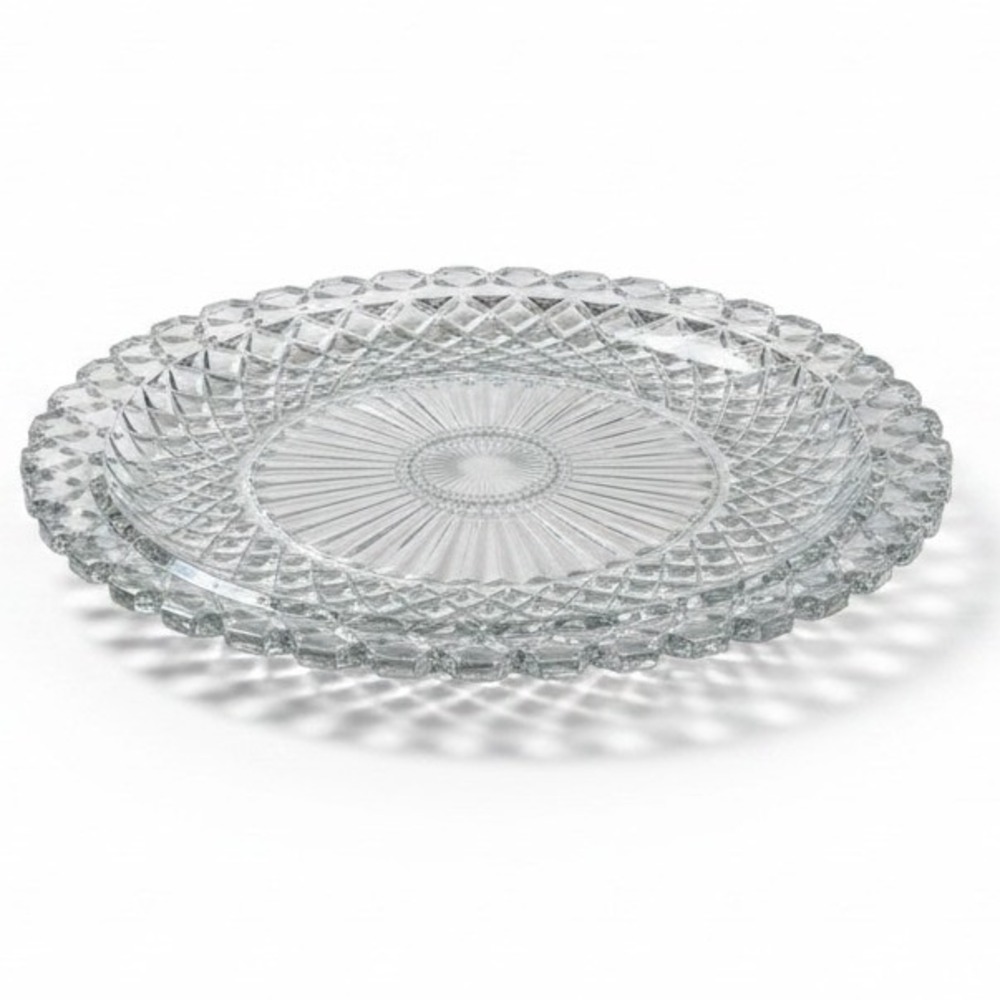 Vintage Clear Pressed Glass Serving Platter Diamond Starburst Holiday 14"